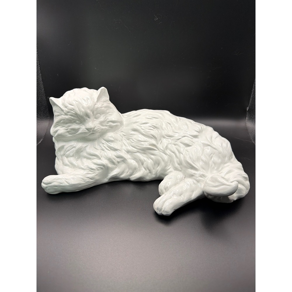 Alberta Molds Ceramic Persian Cat Figurine Vintage White Glazed Reclining Statue